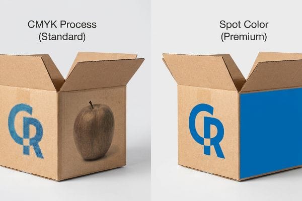 Corrugated cardboard boxes compare CMYK Process (Standard) halftone apple and logo with Spot Color (Premium) solid blue and crisp logo.