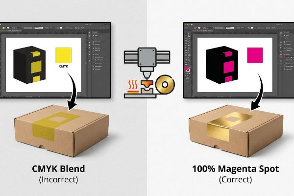 Two cardboard boxes illustrate hot foil stamping results: an incorrect Cmyk Blend and a correct 100% Magenta Spot, with design software.