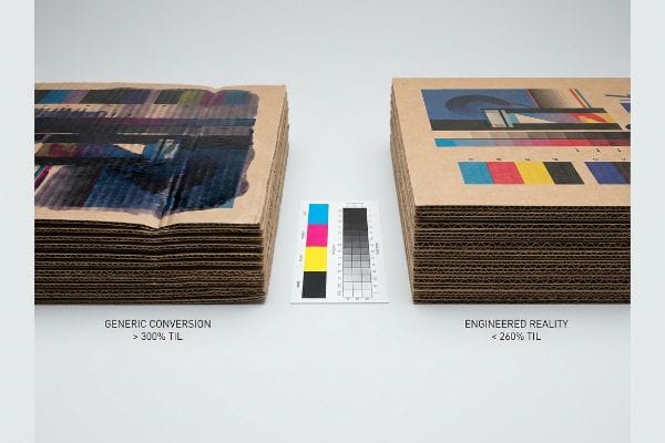 ぼやけたCMYK印刷の汎用変換（TIL >300%）と鮮明な印刷のエンジニアードリアリティ（TIL <260%）を比較した段ボールの山と、CMYKチャート。.