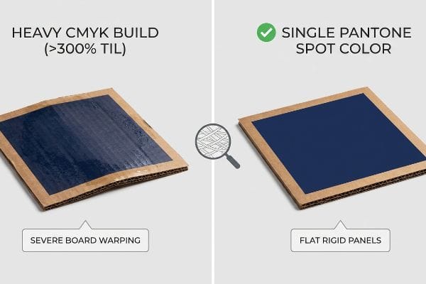 CMYK vs Pantone Warping Warped corrugated board from Heavy CMYK Build (>300% TIL) versus Flat Rigid Panel with Single Pantone Spot Color.