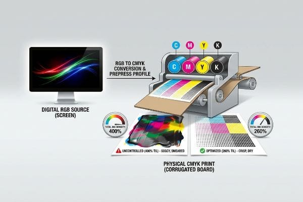 একটি ডায়াগ্রামে RGB থেকে CMYK রূপান্তর দেখানো হয়েছে, যেখানে ঢেউখেলানো বোর্ডের উপর অনিয়ন্ত্রিত ৪০০% টোটাল ইঙ্ক লিমিট (TIL) যুক্ত ভেজা প্রিন্টের সাথে অপ্টিমাইজড ২৬০% TIL যুক্ত ঝকঝকে প্রিন্টের তুলনা করা হয়েছে।.