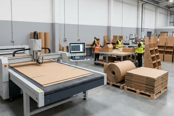 Workers assemble corrugated cardboard displays in a factory, with a CNC cutting machine processing paperboard.