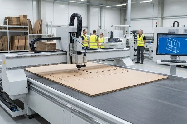 Corrugated cardboard on a CNC digital cutting table, precisely routing a cabinet prototype, with a CAD design on the monitor.