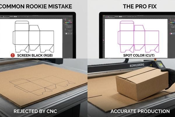 Kongsberg社のCNCマシンの比較では、初心者がよく犯すミスであるスクリーンブラック（RGB）の型抜きがCNCで拒否されるケースと、段ボール箱の正確な製造のためのプロの解決策であるスポットカラー（カット）の使用例が示されています。.