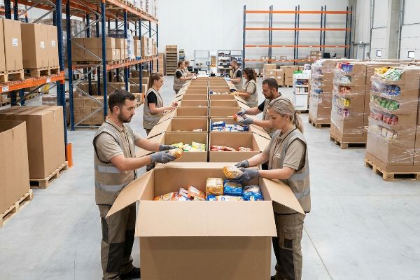 Workers in uniforms on an assembly line efficiently co-packing diverse merchandise into cardboard boxes within a 3PL warehouse.