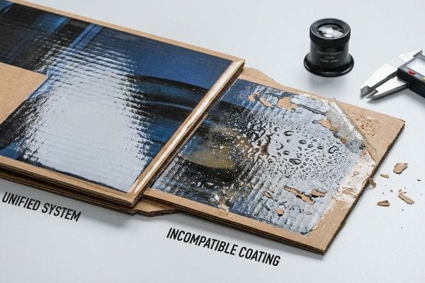 Smooth Unified System cardboard contrasts peeling, water-beaded Incompatible Coating. A loupe and caliper are shown.