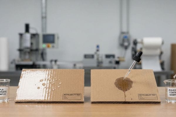 Des gouttelettes d'eau perlent sur un échantillon de carton ondulé recouvert d'un stratifié PLA, tandis qu'un échantillon de revêtement aqueux montre une infiltration de liquide lors d'un test de recyclabilité.