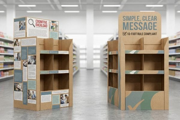Corrugated retail displays in an aisle: one with 