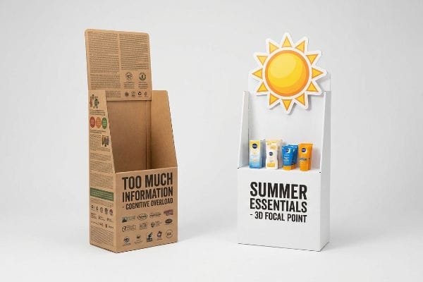 Contraste d'affichage saisonnier Présentoir en carton kraft brun avec l'inscription « Trop d'informations - Surcharge cognitive » à côté d'un présentoir blanc « Indispensables de l'été » avec un soleil en 3D et des crèmes solaires Nivea.