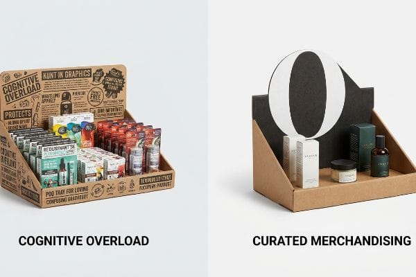 Brown corrugated displays contrast 'Cognitive Overload' with a cluttered Pod Tray and 'Curated Merchandising' featuring Seacra products.