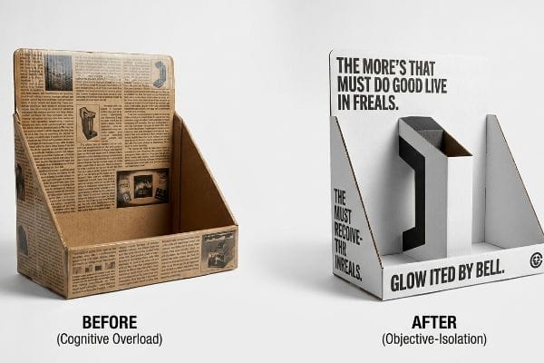 Brown kraft corrugated retail display, densely covered with small newspaper-like text and images, illustrating a 'Before (Cognitive Overload)' design.
