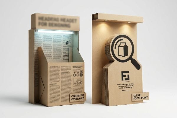 Brown corrugated cardboard displays illustrating visual merchandising principles: a text-heavy 'Cognitive Overload' unit and a 'Clear Focal Point' 3D die-cut stand.