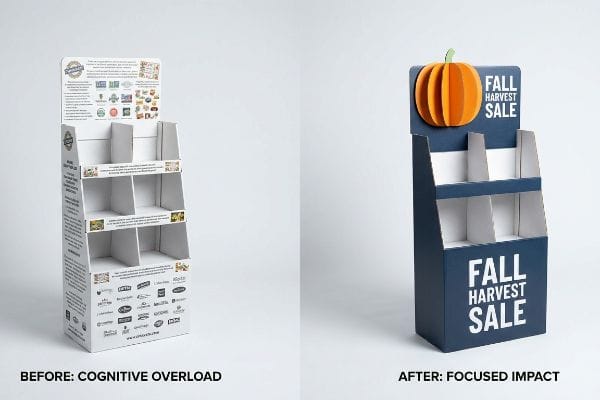 White corrugated POP display with extensive text and logos, labeled 'Before: Cognitive Overload', contrasted with a clean blue display featuring a 3D pumpkin and 'Fall Harvest Sale' text, labeled 'After: Focused Impact'.
