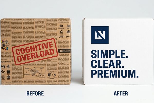 Brown cardboard packaging with a red 'Cognitive Overload' stamp contrasted against a clean white box displaying 'Simple. Clear. Premium.' text.