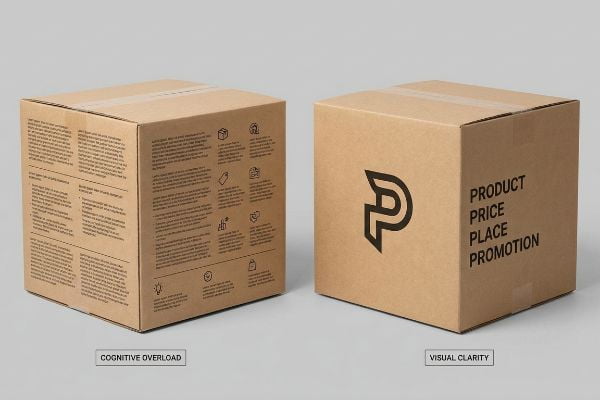 Two brown cardboard boxes contrasting Cognitive Overload with Visual Clarity, highlighting the 4 P's: Product, Price, Place, Promotion.