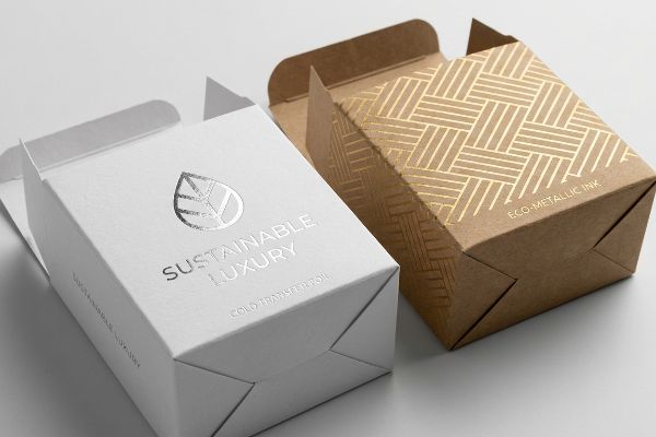 Sustainable luxury packaging: white box with silver cold transfer foil; brown kraft with gold eco-metallic ink.
