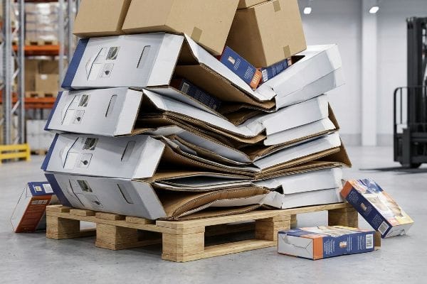 Collapsed corrugated POP display boxes on a wooden pallet, demonstrating structural failure from weakened board grades.