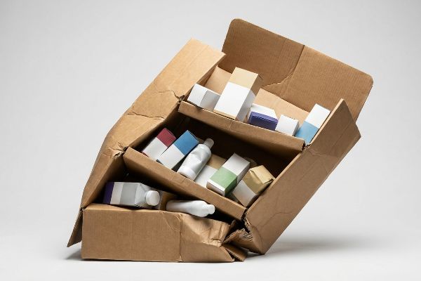 An overflowing, damaged cardboard box filled with dented and crushed product packages, illustrating POP display liabilities.