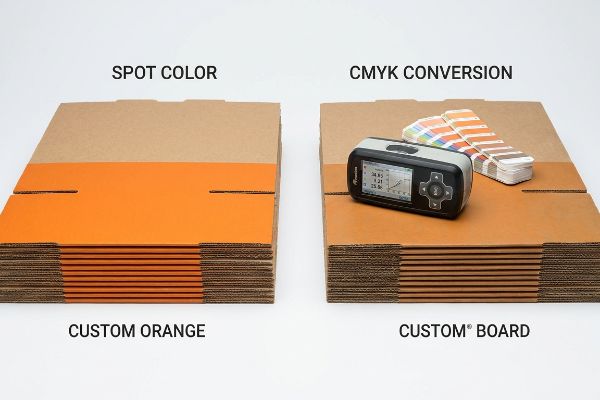 Corrugated cardboard stacks comparing Spot Color's vibrant Custom Orange to CMYK Conversion's muted Custom Board, with a colorimeter and Pantone swatches.