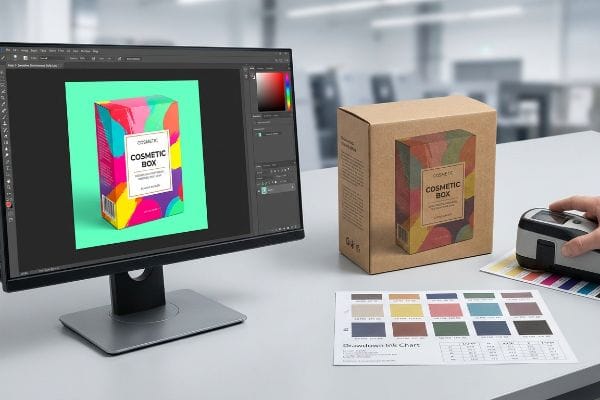 Spectrophotometer measures a Drawdown Ink Chart, comparing a digital Cosmetic Box design on screen with its physical print on a kraft box.