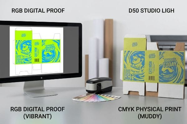 RGB vs CMYK Print A monitor shows a vibrant Rgb Digital Proof of Snidur Today packaging, contrasted with a muddy Cmyk Physical Print, with a spectrophotometer and color swatches for D50 lighting.