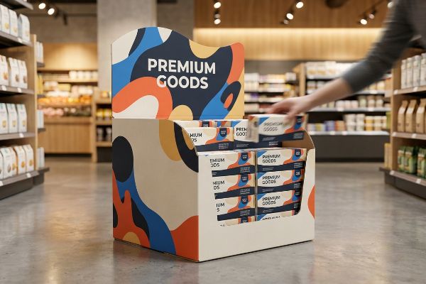 Colorful retail display box for Premium Goods, matte finish, with a shopper selecting product in a grocery store.