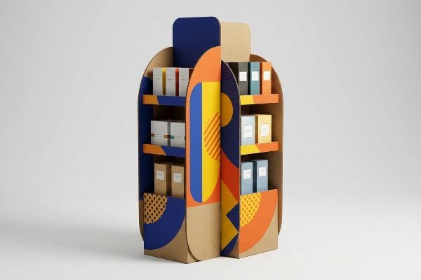 A vibrant corrugated cardboard emotional POP display features disruptive geometric blue, orange, and yellow designs, showcasing various product boxes.