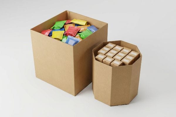 Two corrugated cardboard retail dump bins, one holding colorful product pouches and the other small brown boxes with labels.