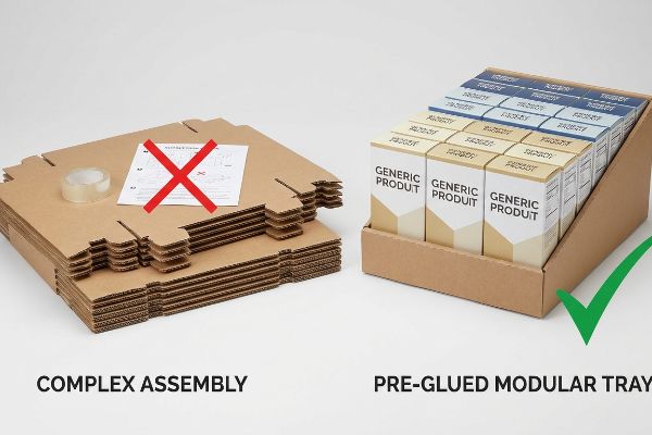 Brown corrugated cardboard illustrates the contrast between complex assembly of flat-packed PDQ display components with instructions, and an efficient pre-glued modular retail tray filled with Generic Produit boxes.