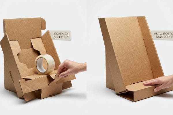 Brown corrugated cardboard display stands demonstrating Complex Assembly with tape and Auto-Bottom Snap-Open for quick setup.