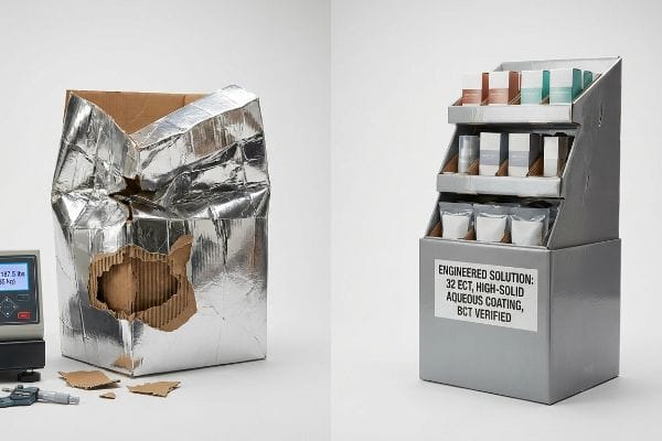 Crushed silver-foiled corrugated box showing 187.5 lbs (85 kg) compression failure, contrasted with a 32 ECT display featuring High-Solid Aqueous Coating and BCT Verified.