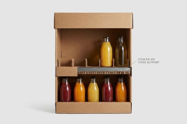 Steel Support Drink Dispenser Brown corrugated cardboard gravity-fed display box with two tiers holding juice bottles, featuring a Concealed Steel Support bar.
