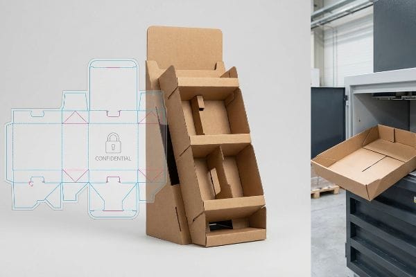 Brown corrugated cardboard display with three shelves, a die-cut template showing a Confidential padlock, and a flat-pack tray, illustrating structural IP.