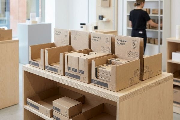 Natural kraft cardboard modular display trays featuring 