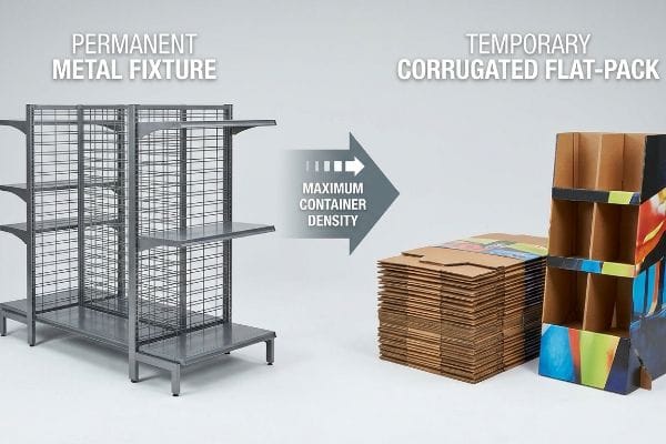 A Permanent Metal Fixture contrasts with Temporary Corrugated Flat-Pack displays, showing Maximum Container Density for shipping efficiency.