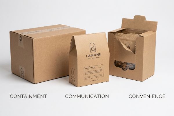 Brown kraft paper packaging: a shipping box (Containment), Lamone Nutritural Bars bag (Communication), and open display box (Convenience).