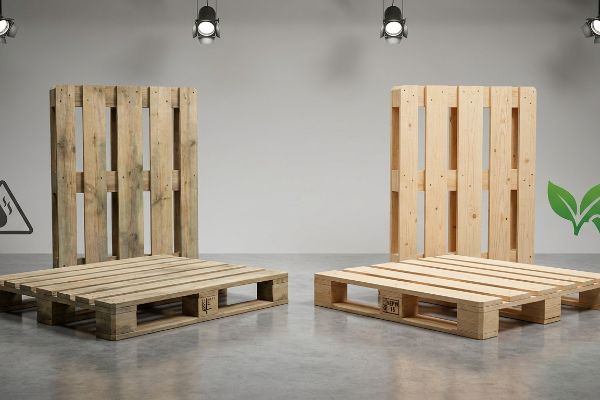 Weathered and new wooden shipping pallets, one with hazard symbol, other with eco-leaf, both displaying ISPM 15 heat treatment stamps.