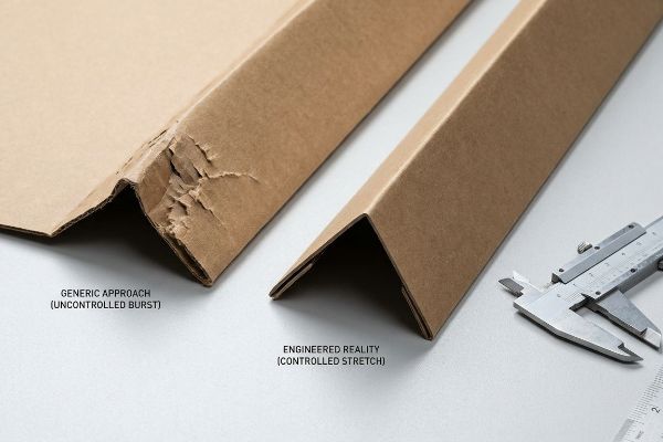 Brown cardboard folds show Generic Approach (Uncontrolled Burst) with fiber cracking versus Engineered Reality (Controlled Stretch) with a clean crease, measured by a caliper.