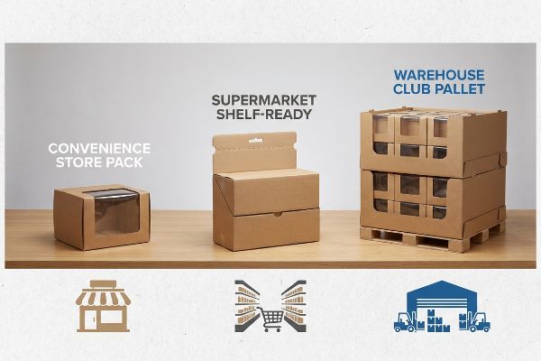Three distinct cardboard packaging solutions: a Convenience Store Pack with a window, a Supermarket Shelf-Ready display, and a Warehouse Club Pallet.