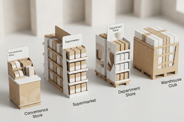 Illustrating retail display solutions, this image features a Convenience Store counter, a multi-shelf Supermarket stand, a Department Store unit with cutouts, and a large Warehouse Club pallet display, all in kraft paper and white cardboard.