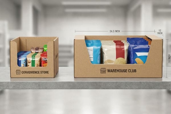 Brown cardboard display trays: Convenience Store and 24.5-inch wide Warehouse Club tray, both with snack bags.