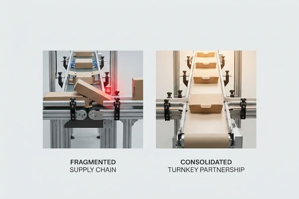 On the left, a Fragmented Supply Chain shows brown boxes jamming on a conveyor; on the right, a Consolidated Turnkey Partnership runs smoothly.