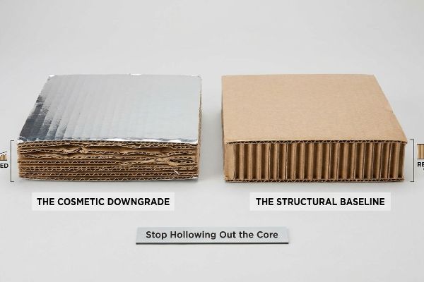 A versão laminada metálica intitulada "The Cosmetic Downgrade" apresenta ondulações enfraquecidas, em contraste com a versão "The Structural Baseline" de papelão ondulado denso, defendendo a ideia de "Parar de esvaziar o núcleo".