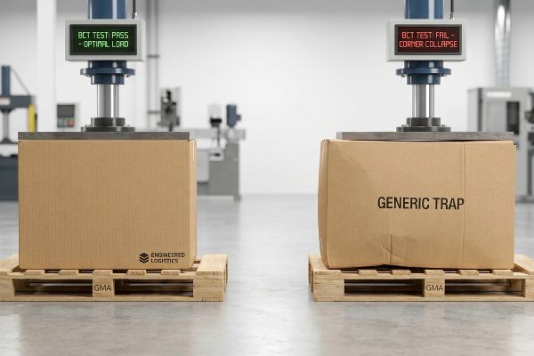 Corrugated boxes on GMA pallets, one Engineered Logistics box passes Box Compression Test, other Generic Trap box fails from Corner Collapse.