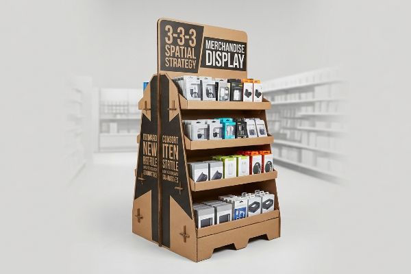Corrugated cardboard merchandise display featuring a 3-3-3 Spatial Strategy, multi-tiered shelves of packaged products, and text 'New Item' and 'Consort'.