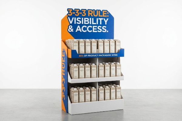 White corrugated retail display stand with '3-3-3 Rule: Visibility & Access' header, featuring three shelves of light brown product cartons, demonstrating 85% product visibility.