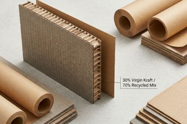 Coupe transversale d'un carton ondulé avec cannelures apparentes, illustrant un mélange composé à 30 % de papier kraft vierge et à 70 % de papier recyclé, à côté de rouleaux de papier kraft.