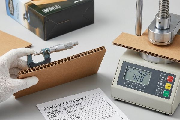 Micrometer measures corrugated board, ECT machine shows 