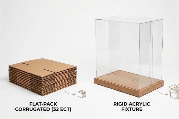 Flat-pack corrugated (32 ECT) sheets are shown beside a rigid acrylic display fixture with a wooden base.