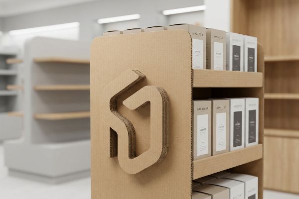 Corrugated cardboard retail display with a multi-layered 3D die-cut logo and shelves holding Bakehouse, The Jarades, Ambrosia product boxes.